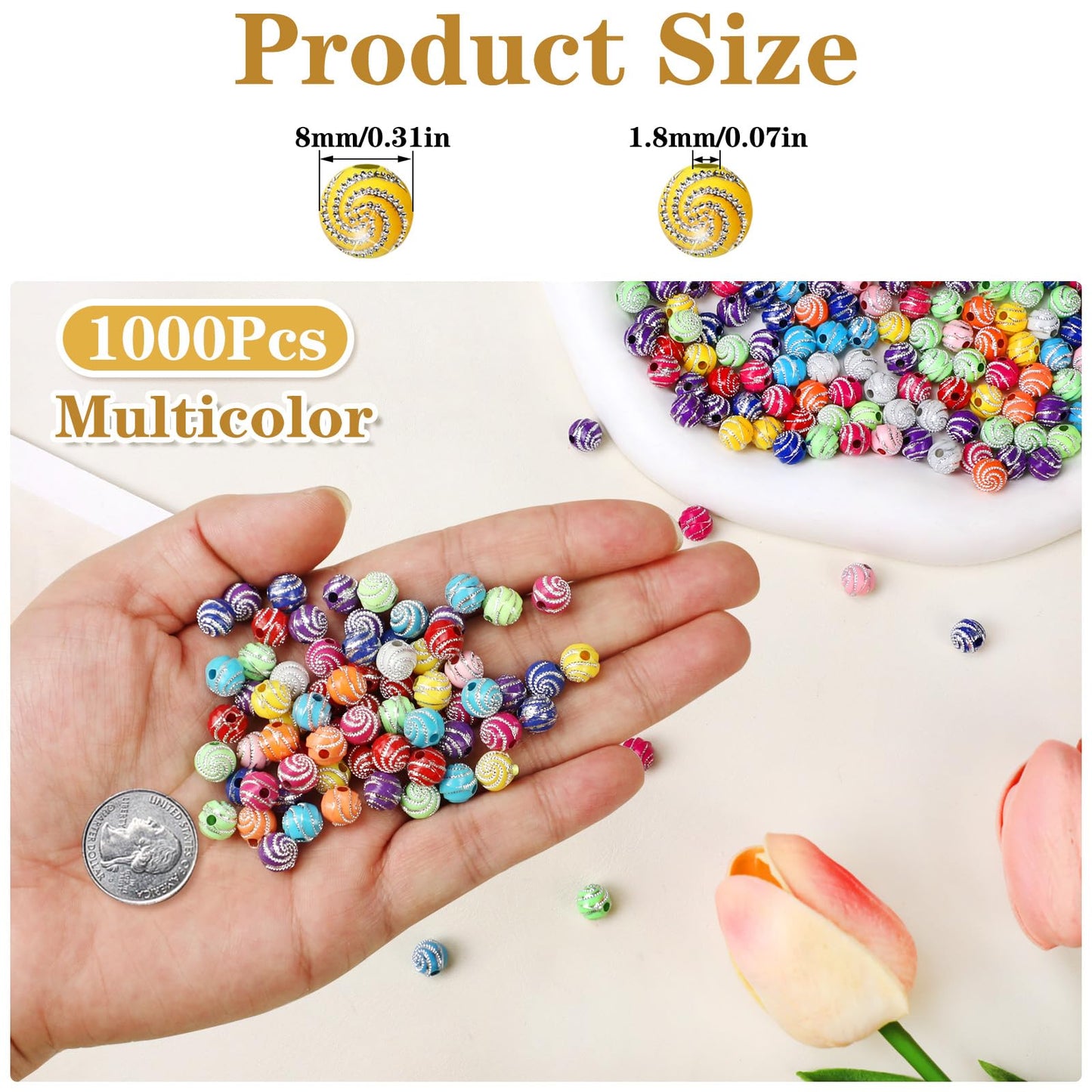 TOBETOPTOOLER 1000PCS 8mm Acrylic Beads for Bracelets,Colorful Round Sparkle Spiral Bead Bulk for DIY Jewelry Keychains Friendship Bracelet Charms Crafts Supplies (Multicolor, Threaded 1000PCS)