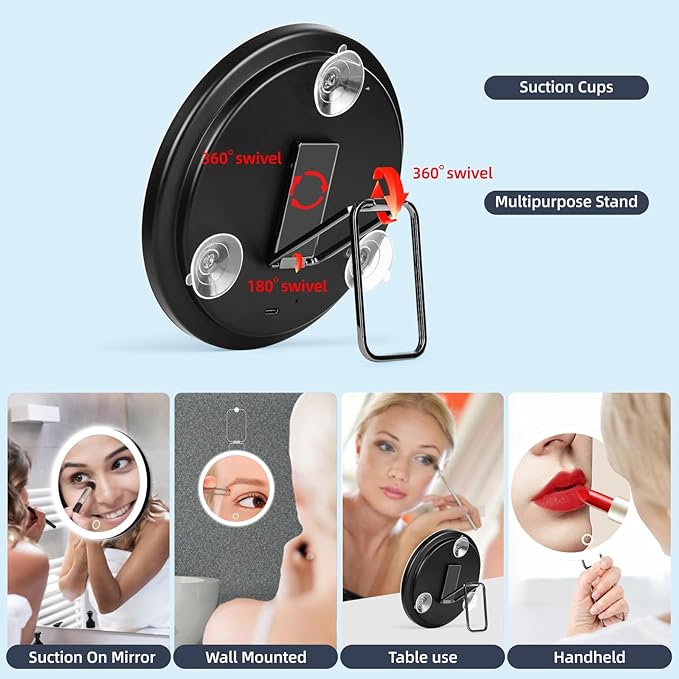 30x Magnifying Mirror With Light, Large 6" Rechargeable Lighted With Suction Cups & Table Stand, 3 Color Modes Dimmable Light up Travel Makeup High Magnification