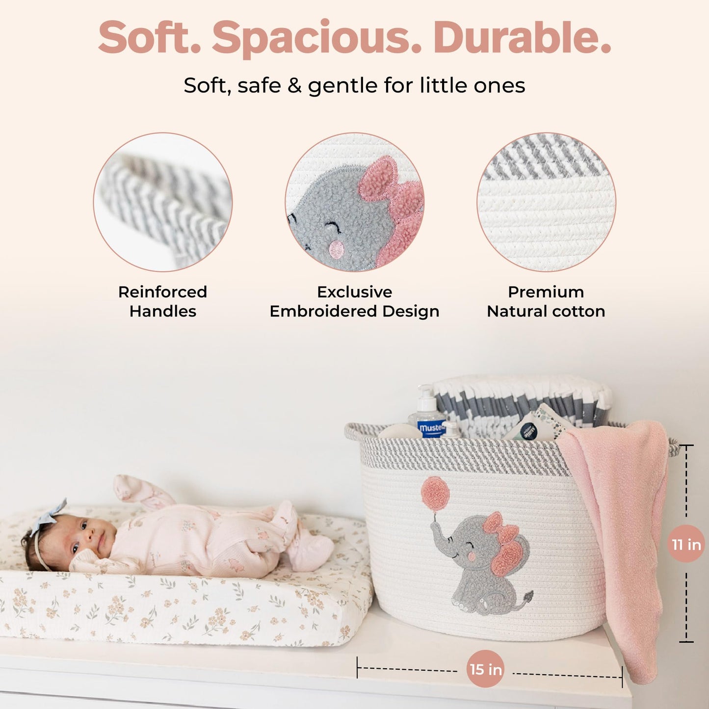 Elephant Storage Basket for Nursery – Large 15”x11” Cotton Rope Bin with Soft Felt Elephant Patch – Toy Organizer, Baby Laundry Hamper, Diaper & Towel Holder – Foldable, Washable & Baby-Safe