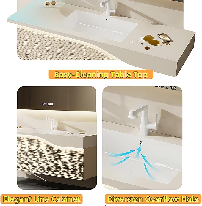 44in Elegant Modern Luxury Bathroom Vanity with Sink - Wall Mounted Solid Wood Cabinet & Smart LED Defogging Mirror | Single Sink Bathroom Cabinets