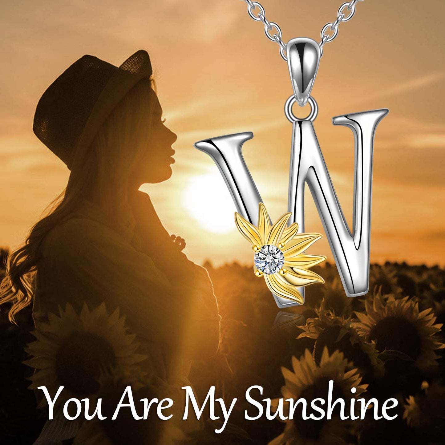 POPLYKE Sterling Silver Initial Alphabet Letter Script Name Pendant Chain Necklace for Women for (Sunflower W)
