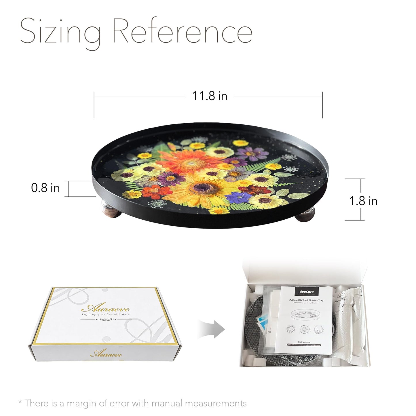 Auraeve All-in-One Craft Resin Tray Kit for Adult - Create a Real Flower Tray, Gift for Crafter Women, Beginner Friendly, Use as Vanity, Perfume, Trinket Organizer, Table Décor, 11.8" (Black-Pro)