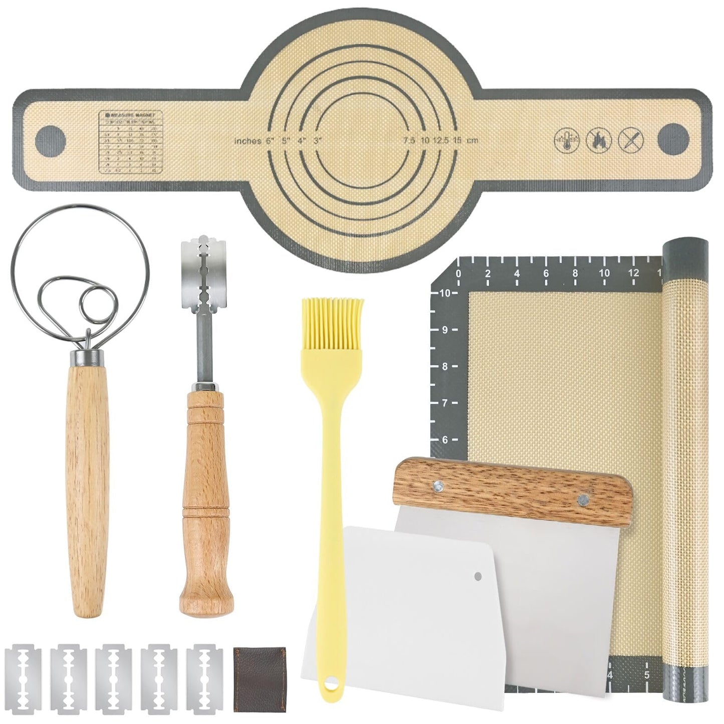 Bread Making Tools Set of 7, Including Silicone Pastry Mat, Round Baking Mat, Sourdough Danish Dough Whisk, Bread Lame Dough Scoring, Bread Scraper Dough Cutter, Perfect Gifts for Baker