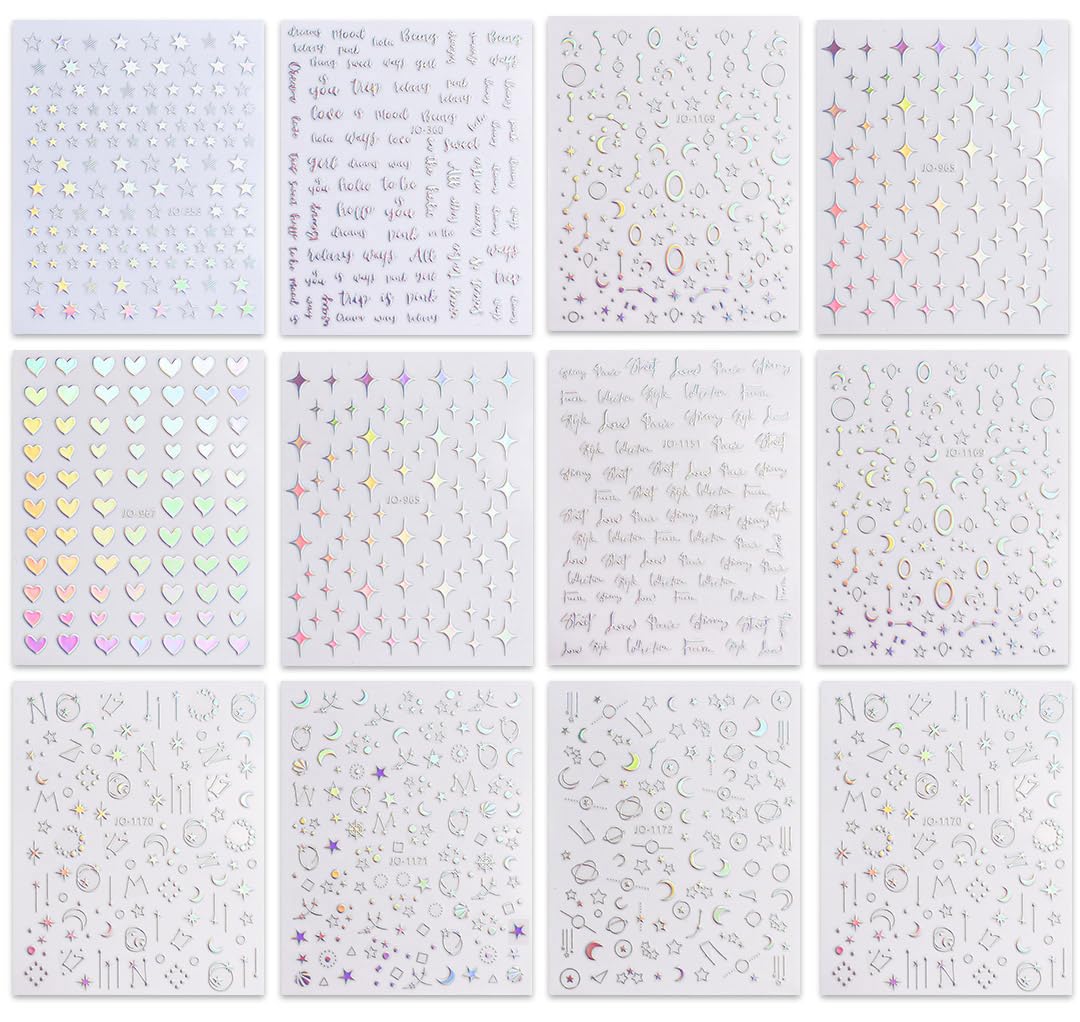 JMEOWIO 12 Sheets Aurora Nail Art Stickers Decals Self-Adhesive Pegatinas Uñas Glitter Holographic Star Heart Nail Supplies Nail Art Design Decoration Accessories