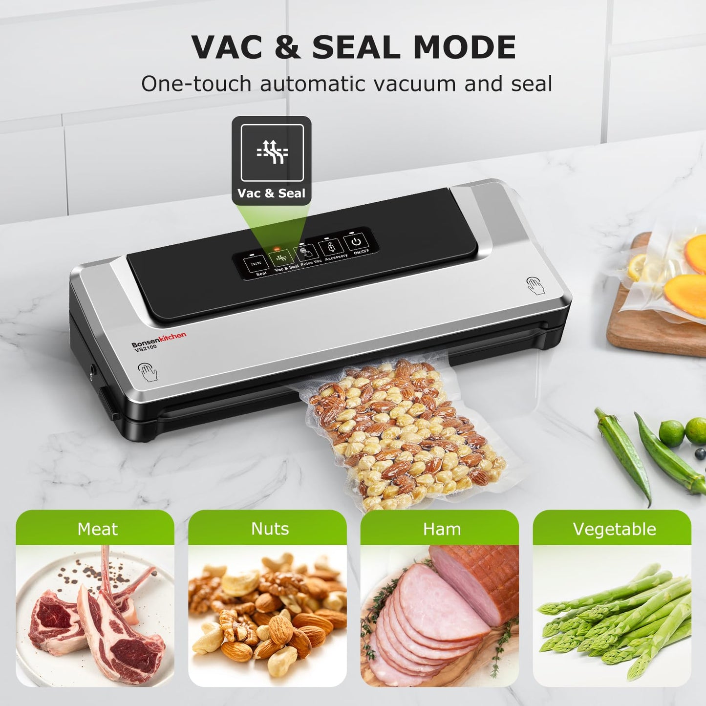 Bonsenkitchen Vacuum Sealer Machine | Compact Food Sealer for Kitchen Storage & Meal Prep | Multiple Modes | External Vacuum System | 5 Bags, Silver
