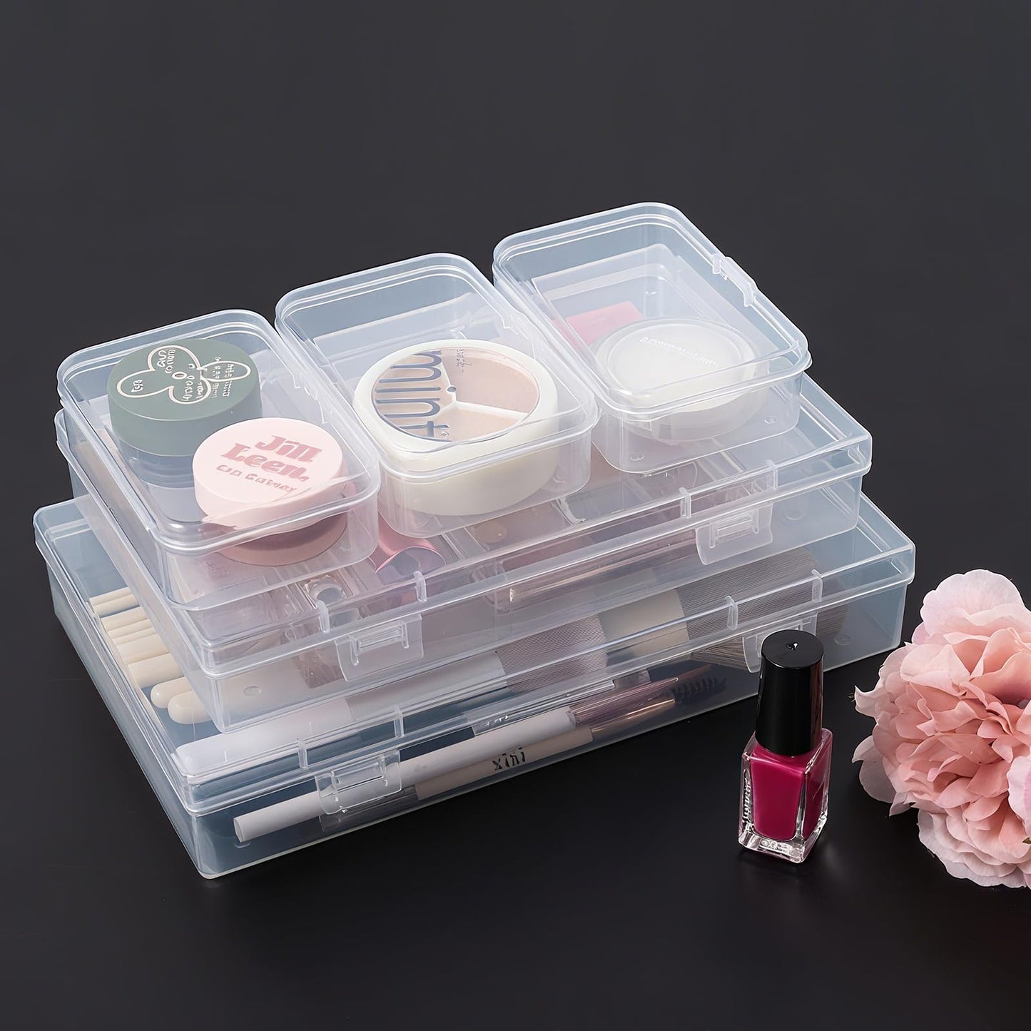 LJY 20 Pieces Mixed Sizes Rectangular Empty Mini Clear Plastic Organizer Storage Box Containers with Hinged Lids for Small Items and Other Craft Projects Plastic Containers with Lids Quart Containers