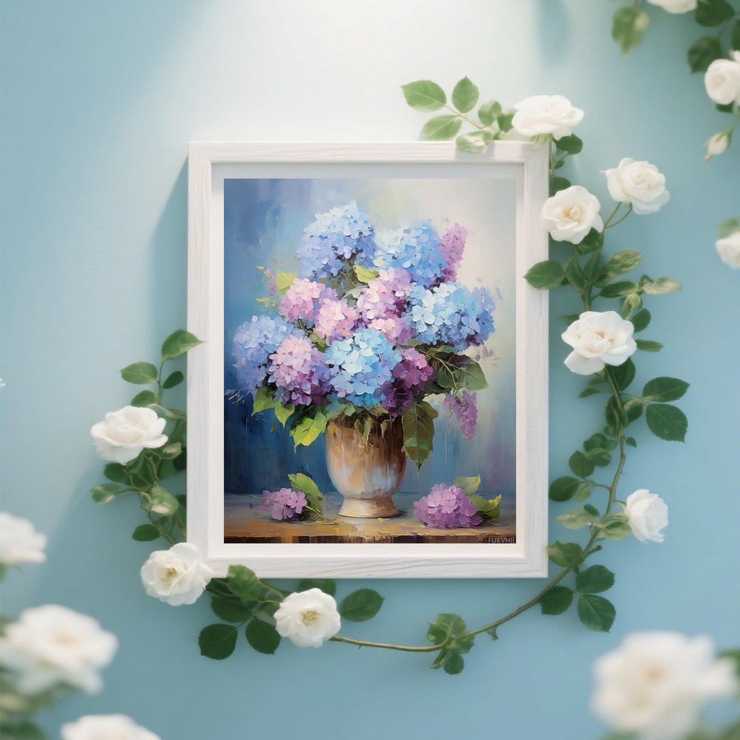 FUKVHIL Paint by Numbers for Adults Blooming Hydrangea Flower Pot DIY Digital Painting Gifts Kits Pre-Printed Canvas Art Home Decoration 16x20inch