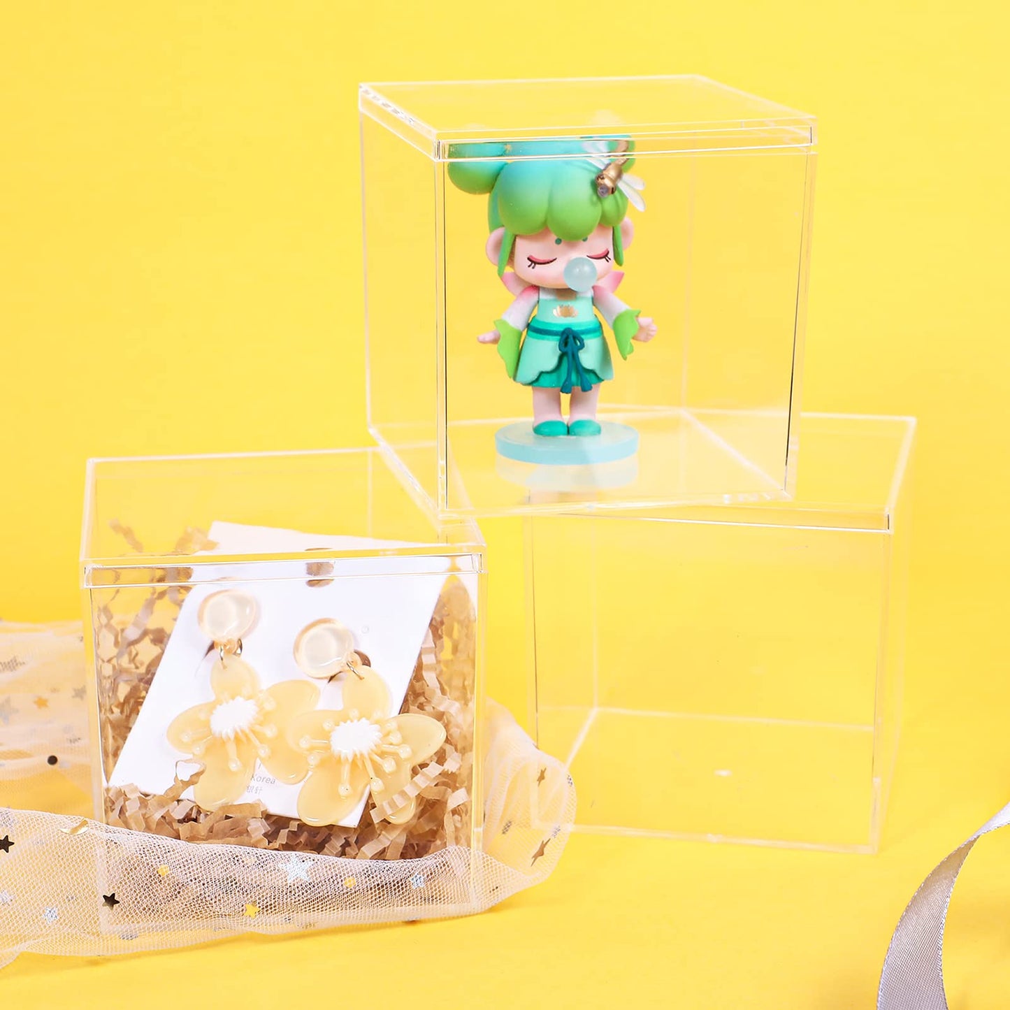 Kamehame Acrylic Boxes for Display 4 Pack Clear Plastic Square Cube, 3.9x3.9x3.9Inch/100x100x100mm Small Acrylic Box with Lid, Candy Pill and Tiny Jewelry Storage Boxes Organize Containers
