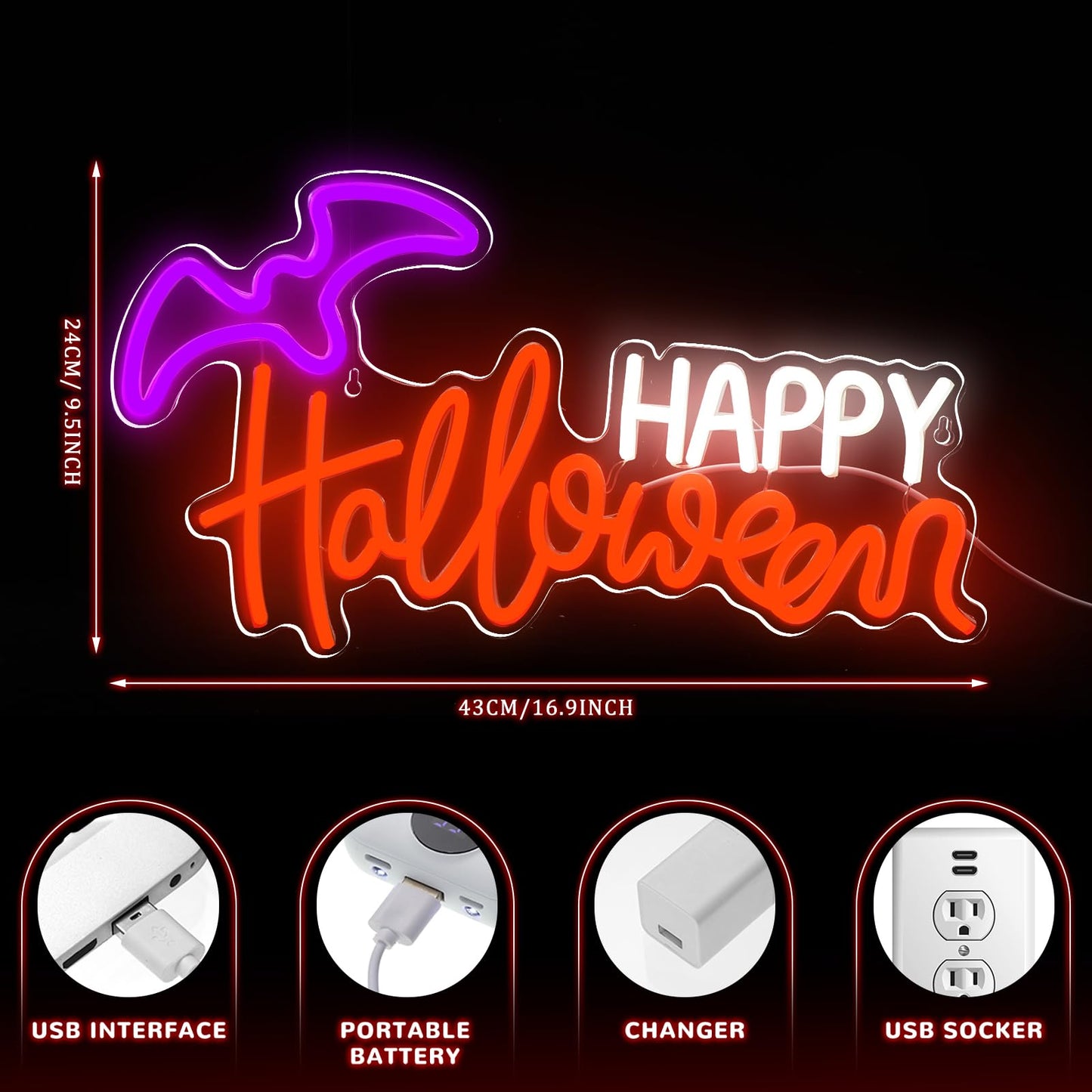 Treela Halloween Neon Sign Happy Halloween Sign Wall Decor LED Neon Window Lights USB Powered Bat Light up Bat for Wall Bedroom Living Room Bar Office Decorations