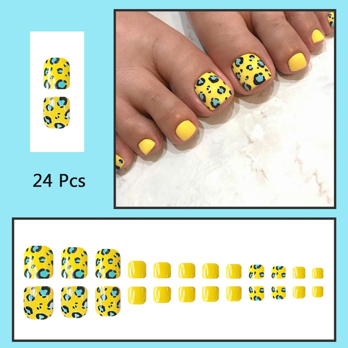 GCSQW Press on Toenails Glossy Yellow Fake Toe Nails with Blue Leopard Print Designs Square Toe Nails Press ons Full Cover Acrylic False Toenails Stick on Nails for Coquette Women 24Pcs
