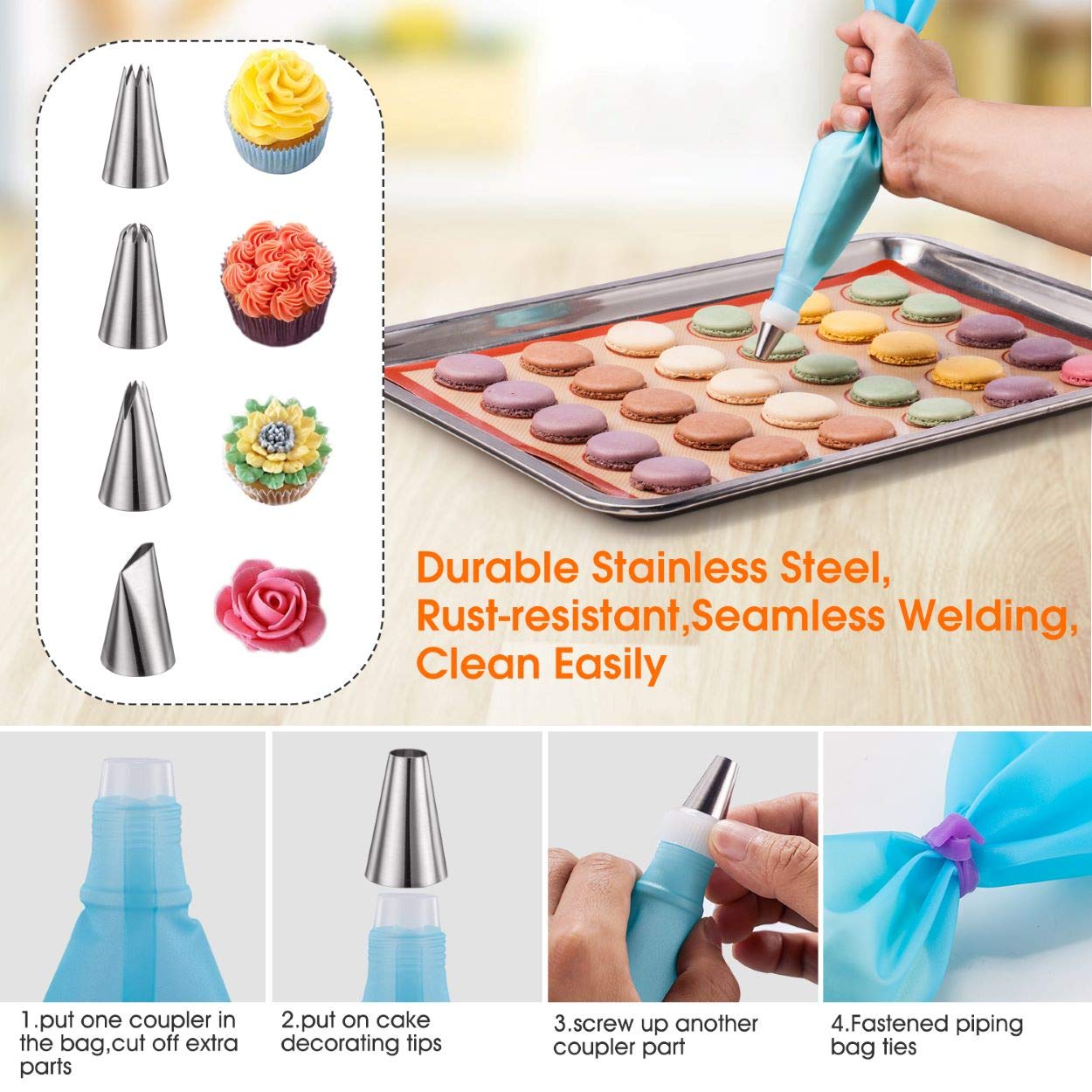 Angadona Macaron Silicone Baking Mats Kit (16pcs set) Macaroon Baking Mat Set of 2 Half Sheet Macaron Silicone Mat Nonstick Macaron Mat Sheet,6 Piping Tip,2 Piping Bag with 3 Bag Tie,2 coupler