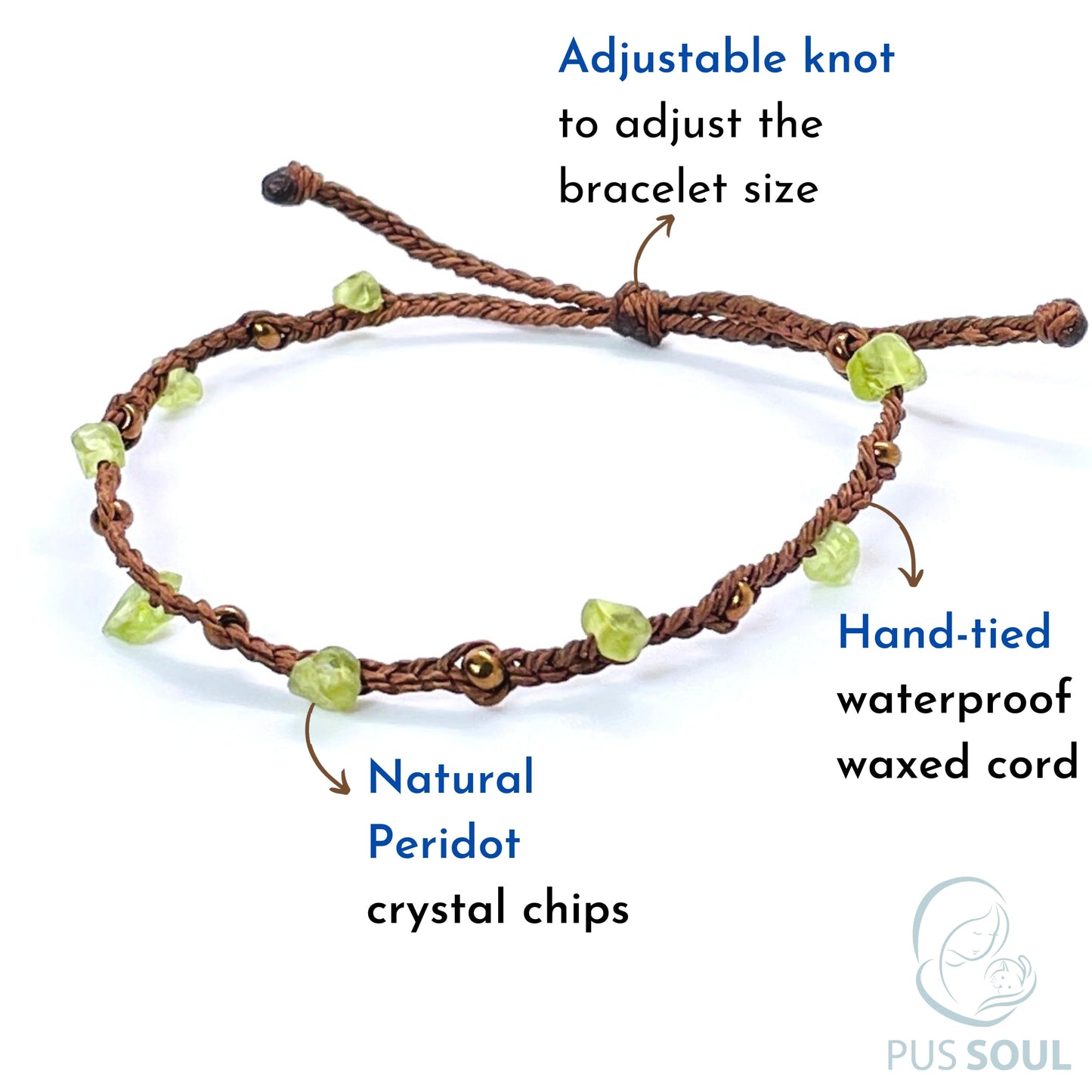 PusSoul Handmade Peridot Small Crystal Bracelet (6.5-7.5'') - Adjustable & Plus Size, Natural Healing Crystal Chips, Waterproof, Chakra Beaded - Unusual Jewelry for Women, Girl & Friendship from