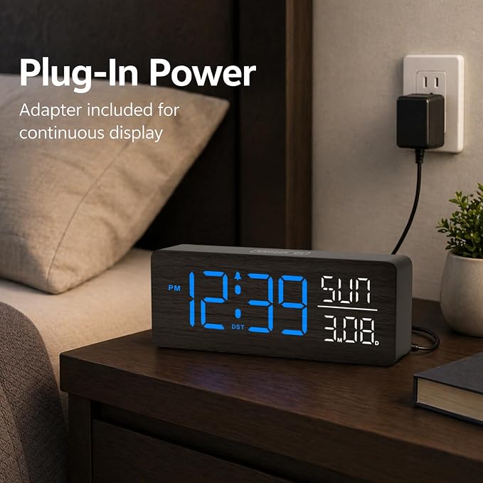 Peakeep Wooden Digital Alarm Clock Large Display, Textured Decoration