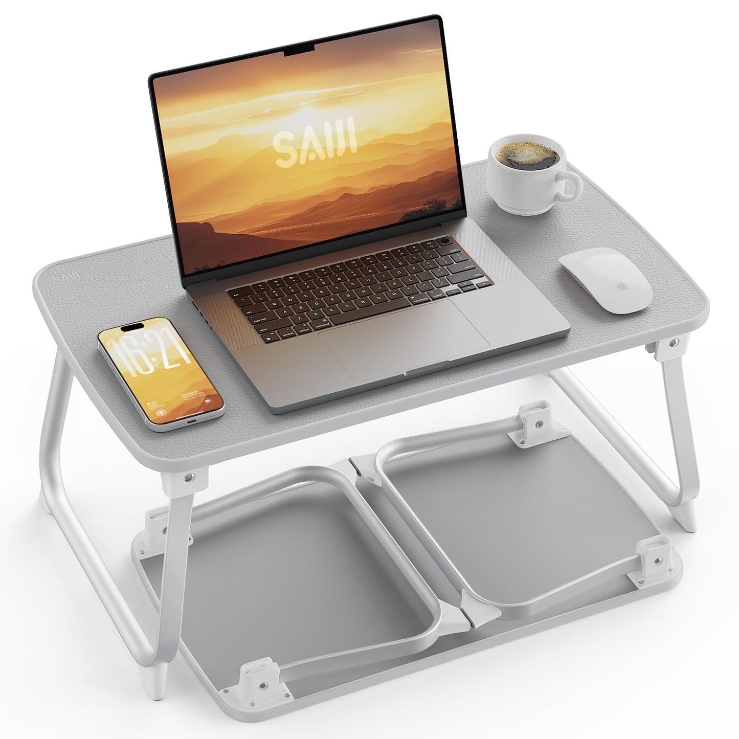 SAIJI Laptop Bed Tray Table, Lap Desk for Bed with Non-Slip PVC Leather Desktop,Reinforced Aluminum Frame with U-Shaped Lock for Heavy-Duty Stability,Notebook Tray for Couch Sofa Floor Office Work