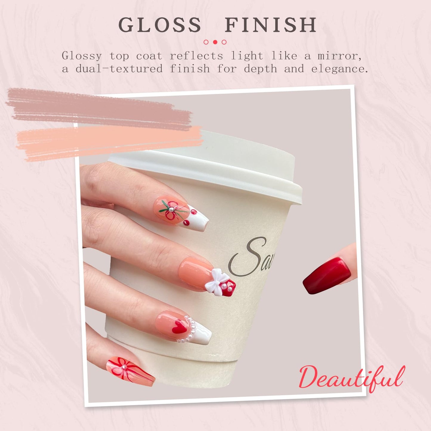 Luxury Handmade Press On Nails - Coffin 3D Bows & Cherry Pearls, French Red Reusable False Nails for Date Night & Spring Party, Salon-Grade Gel Acrylic Nail Art (M-10PCS)