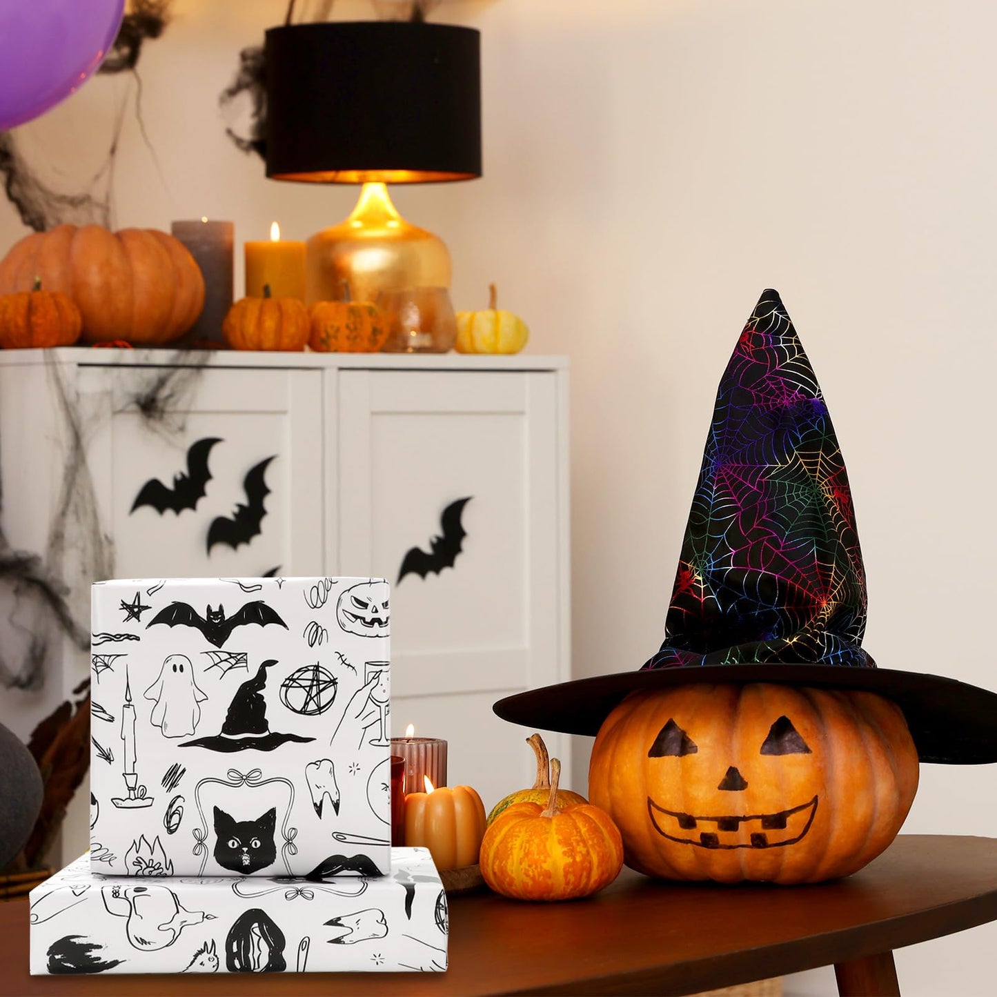 JarThenaAMCS Halloween Wrapping Paper - Mini Roll - 17 Inch x 32.8 Ft Black Cat Ghost Bat Gift Wrap Paper Single-Sided for Home Party DIY Crafts