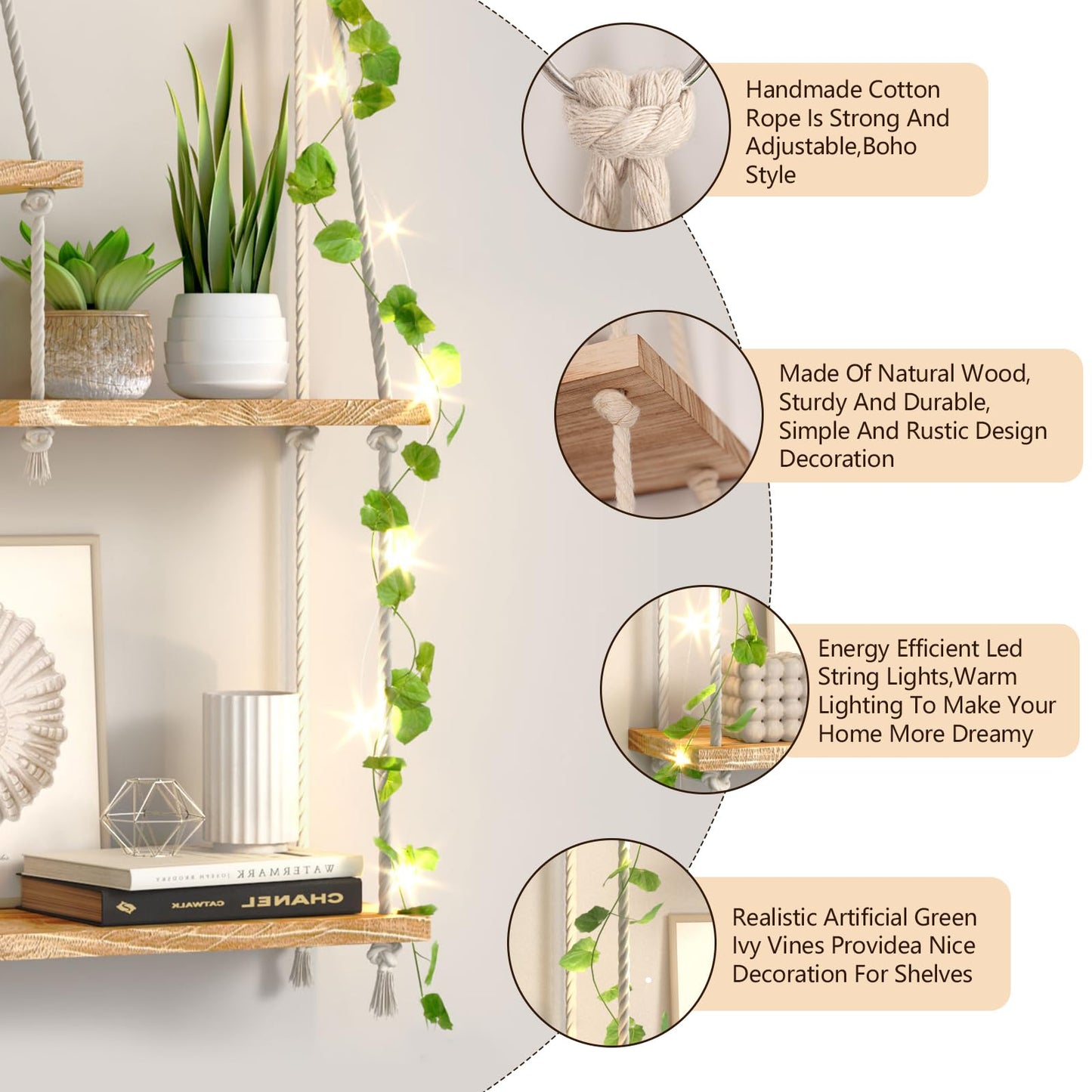 FKSLIFE Hanging Shelves for Wall,Macrame Hanging Plant Shelf with Vine Lights 3 Tier Rope Floating Shelf Wood Organizer Storage Rack Boho Wall Decor Aesthetic for Succulents Bedroom Bathroom Kitchen