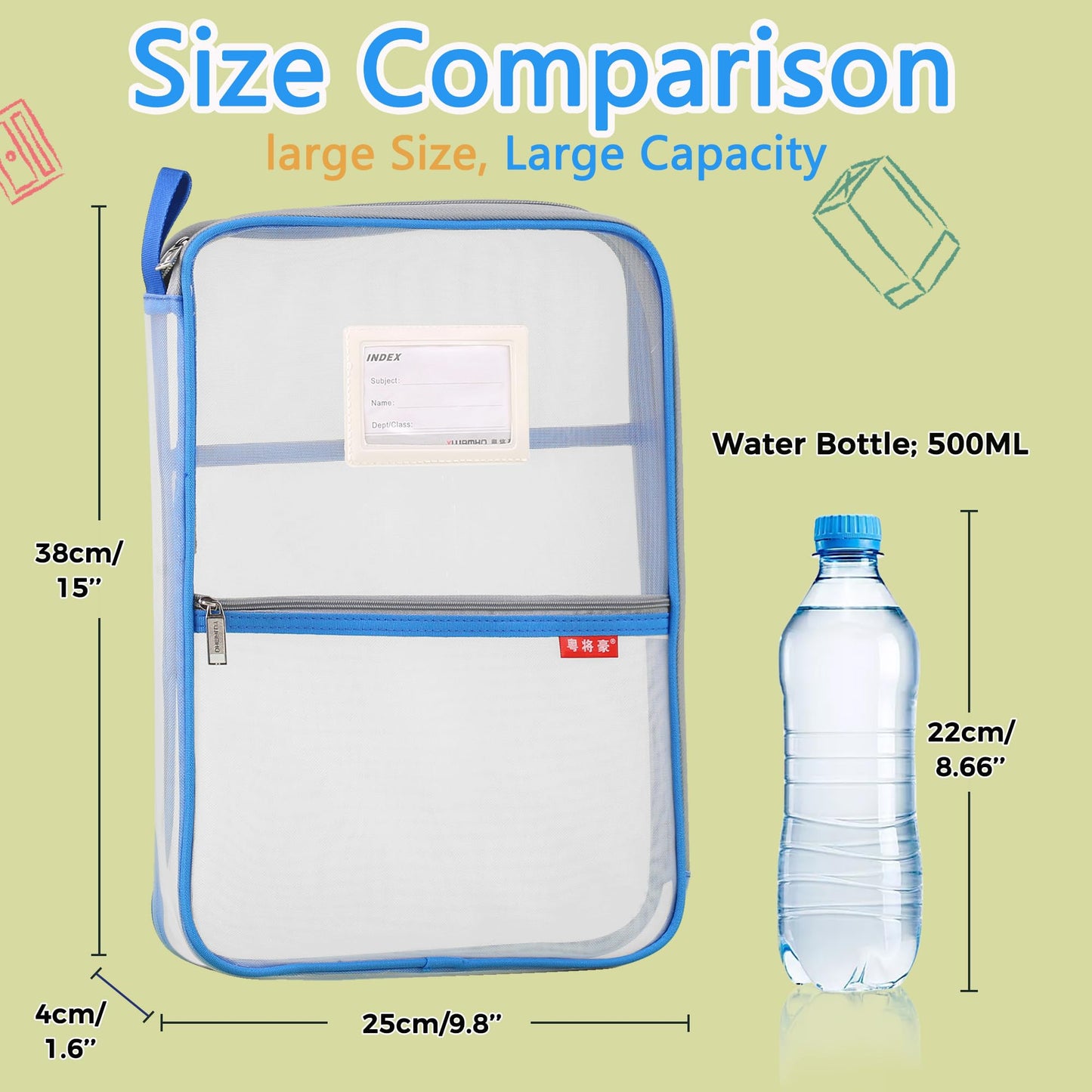 Pendancy Mesh Zipper Pouch 14.8x10.8 in Transparent Lightweight Nylon File Folders, A4 Size Multi-layer Subject Document Organizer Accessories Storage bag for Office and School Supplies(Blue)