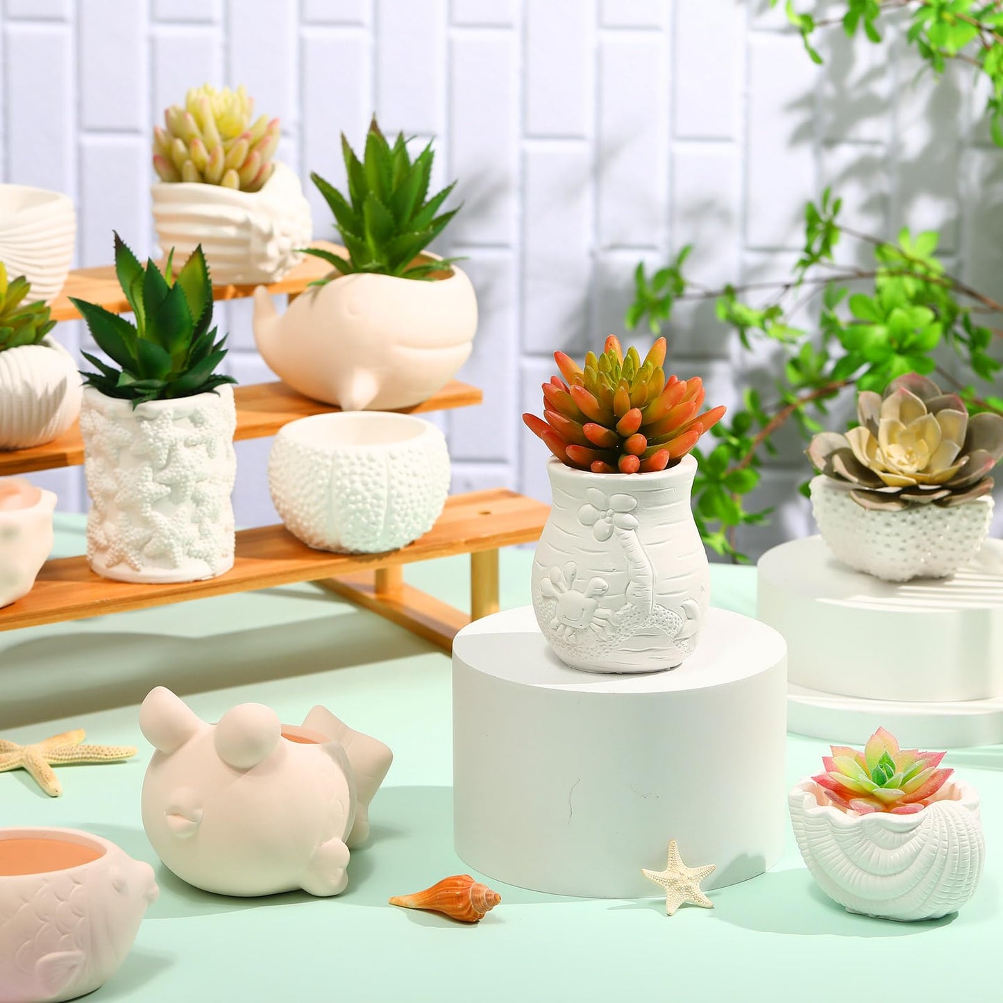 Hushee 12 Sets Ceramic Succulent Planters Paintable Succulent Plant Pots Small DIY Figurines Unpainted Pots with Drainage Hole Color Paints Paintbrushes Palettes(Sea Animals)