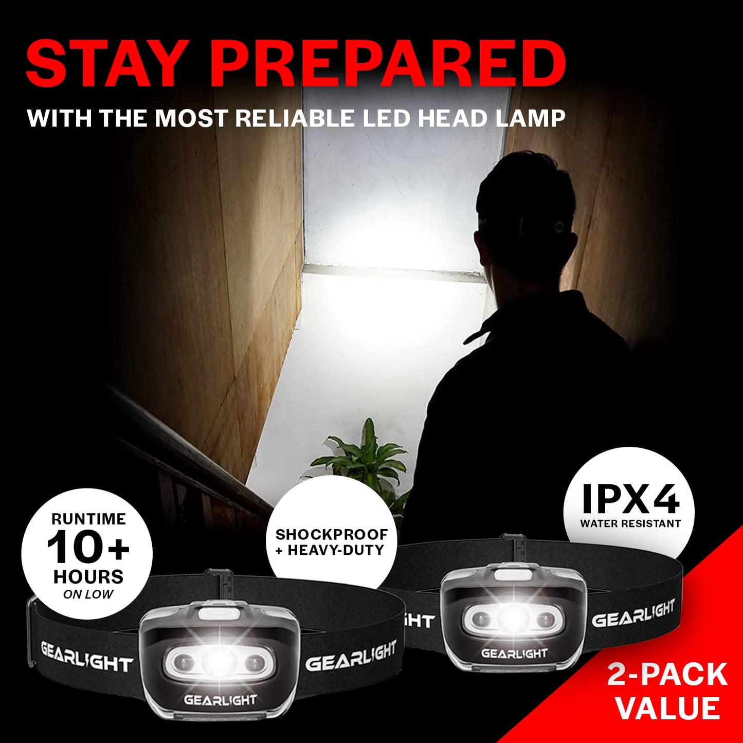 LED Headlamp 2-pack Battery Powered (AAA) (Batteries Not Included) | Head Lamp for Running Hunting Camping Fishing Hiking with Red Light and Adjustable Headband - Bright Forehead Headlamp 7 Modes
