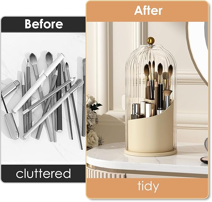 Makeup Brush Holder with Lid 360 Rotating Clear Dustproof Make Up Organizers for Vanity Bathroom Countertop, White Beige