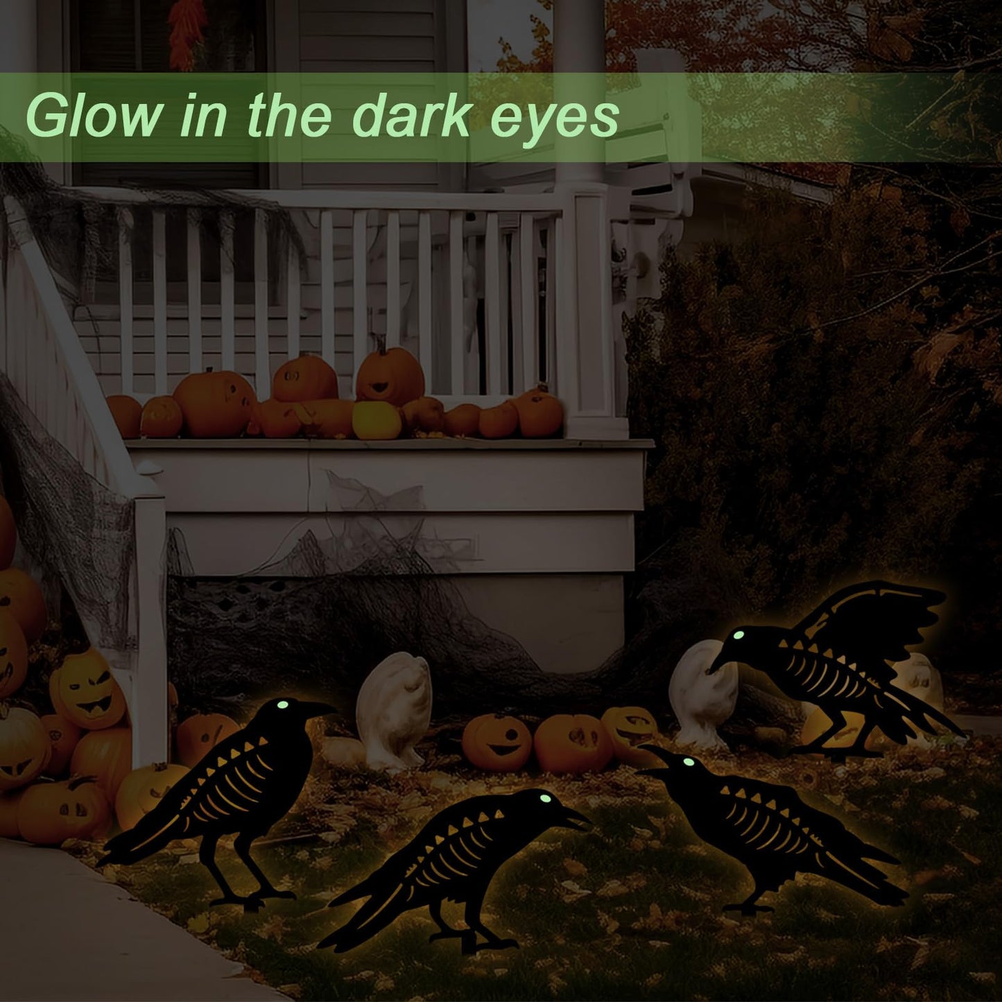 YY Gardenia Halloween Decorations Outdoor,Metal 4 Pack Black Crow Garden Stake - Spooky Glow in The Dark Raven Silhouette Crows Halloween Decorations