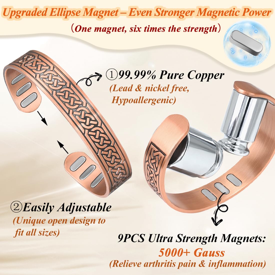 Cigmag Copper Magnetic Bracelet for Men, with Powerful 9X 5000 Gauss Magnets, Adjustable Solid Pure Copper (Axe)