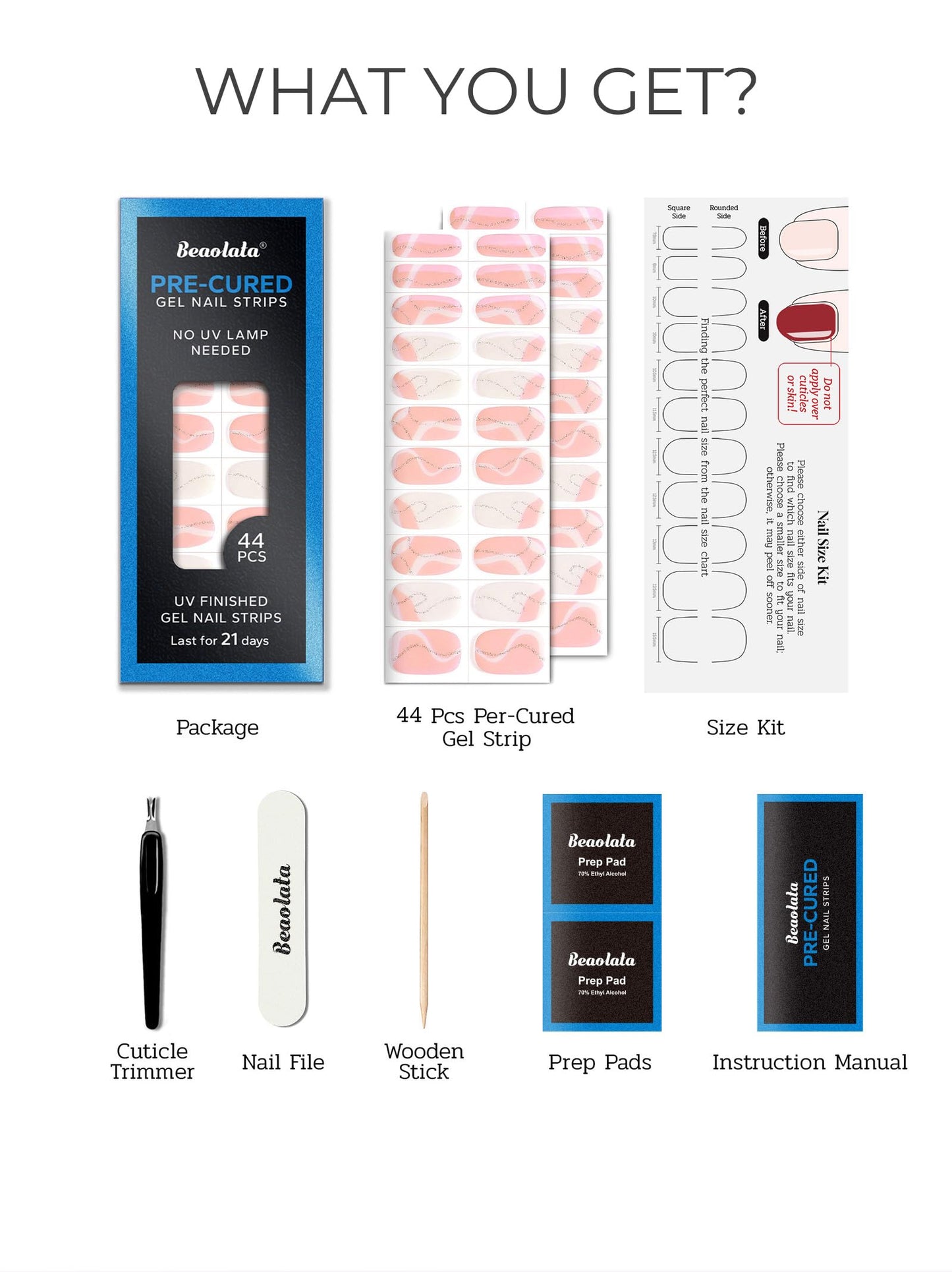 Beaolata Real Gel Nail Strips (No UV Light Needed) - 44Pcs Salon Quality Nail Stickers - Long Lasting Polish Wraps for Women, Easy Apply & Remove (Marble Pink)