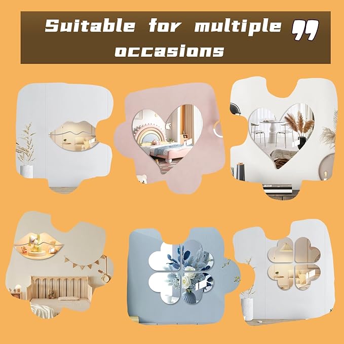 Cute Anti-Scratch Mark Non-Punch Acrylic Heart-Shaped Mirror Set,High Definition Wall Mirrors for Homes, Offices and Children's Rooms, are Not Brittle or Deformable