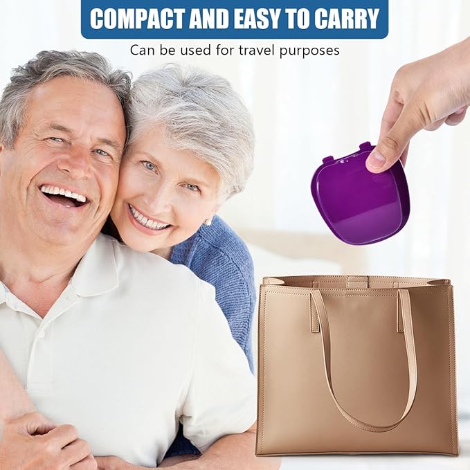 2 Pack Colors Denture Bath Case Cup Box Holder Storage Soak Container with Strainer Basket for Travel Cleaning (Light Blue and Purple)