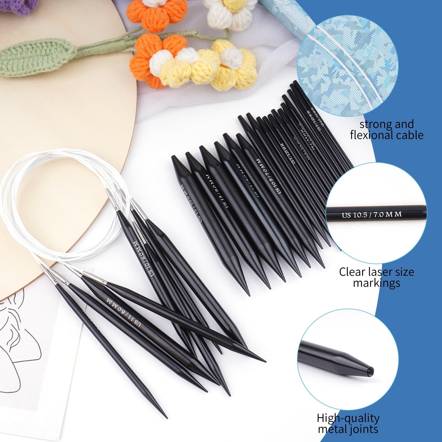 WAZAIGUR Interchangeable Aluminum Circular Knitting Needles Set, Knitting Needles Set, 3mm 3.25mm 3.5mm 3.75mm 4mm 4.5mm 5mm 5.5mm 6mm 7mm 8mm 9mm 10mm Knitting Needles, 13 Pairs