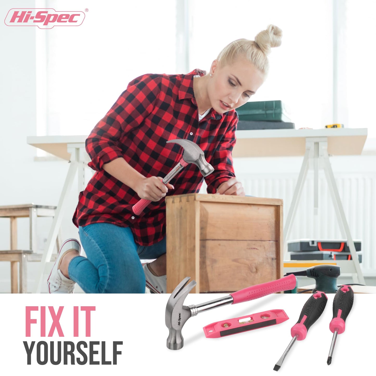 Hi-Spec Tool Kit, General Household Hand Tool Set with Toolbox Storage Case, All-in-One Compact Toolkit for DIY & Dorm Use, Pink