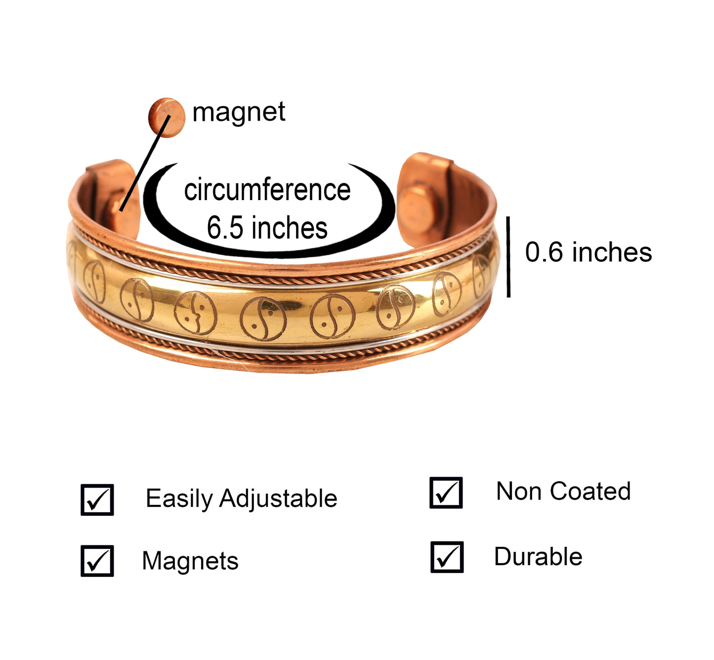 Touchstone handcrafted magnetic copper bracelet. Hand forged with solid and high gauge Tibetan style engraved cuff pure copper jewelry for women men. Yin Yang Pattern