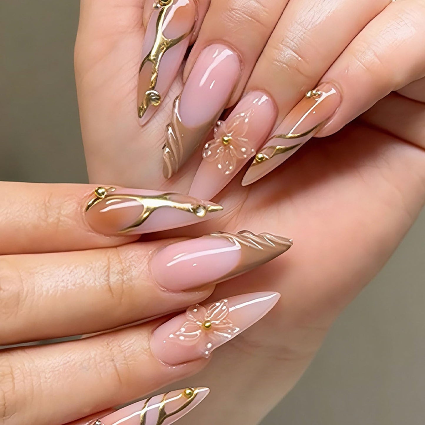 RUOKEXIN Long Almond Press on Nails French Tip Fake Nails Brown False Nails with 3D Flower Designs Stiletto Nail Press ons Sparkly Artificial Nails for Women 30Pcs
