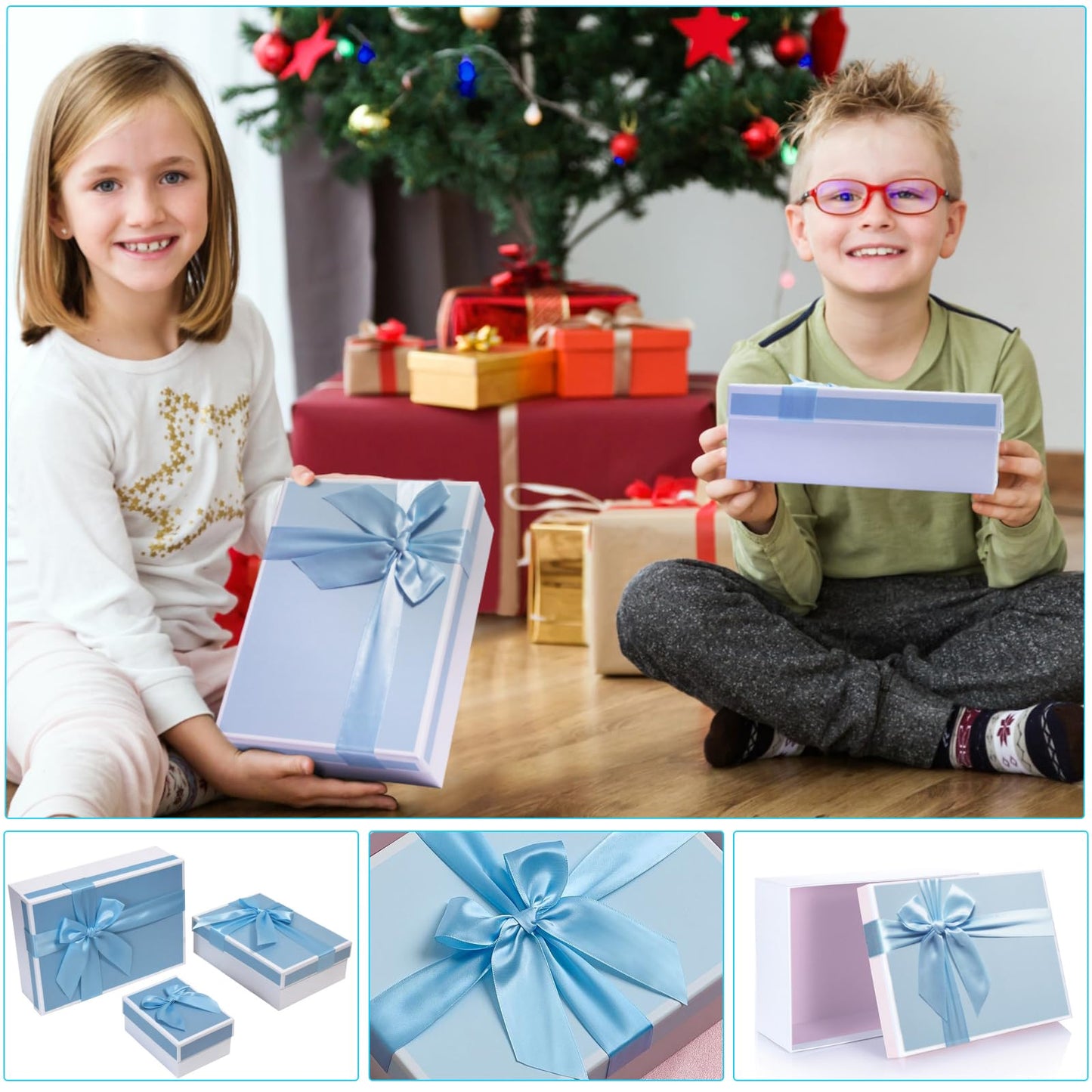 Airuisike Gift Boxes With Lids, Set of 3 Blue Gift Boxes For Presents, Elegant Present Boxes For Christmas Gifts, Assorted Gift Wrap Boxes