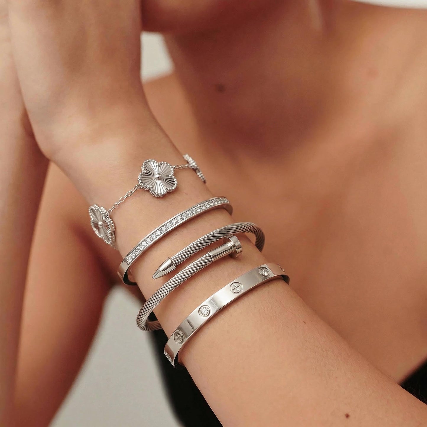 ISELBDR 18K Silver Bracelets for Women - Stackable Clover & Nail Love Bangle Set - Non-Tarnish Stainless Steel Jewelry for Valentine's, Mother's Day & Christmas (Silver-1)