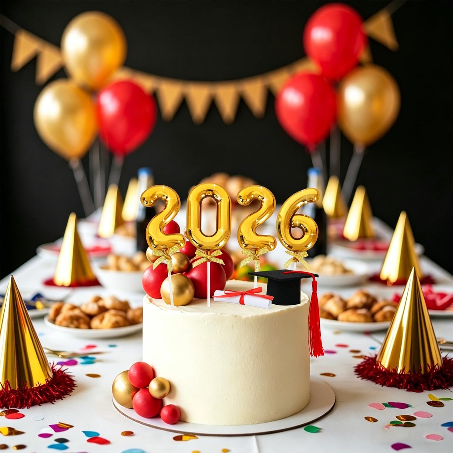 BEISHIDA Graduation Cake Toppers - 2026 Graduation Cupcake Congrats Grad Cake Decorations with Cap Diploma Balls for 2026 High School College Party Supplies（Red Gold）