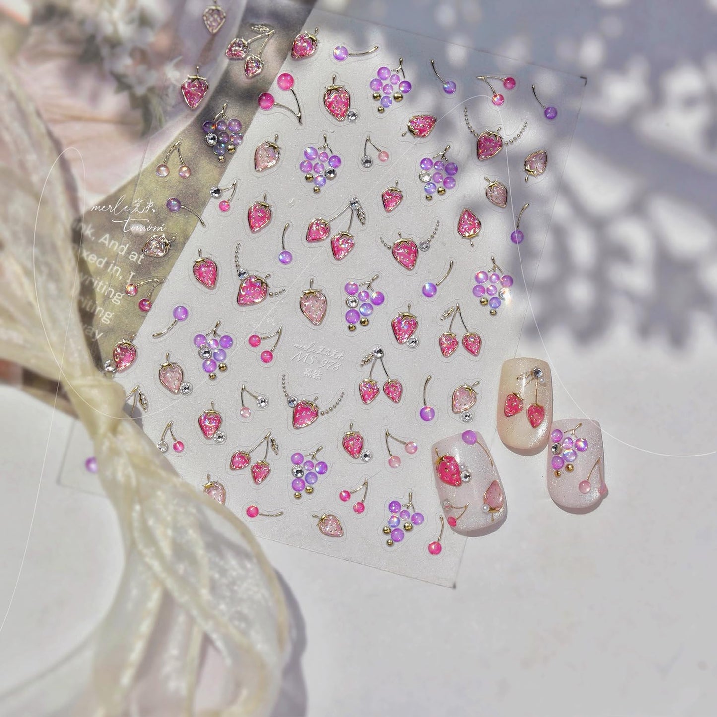 5D Embossed Fruit Nail Stickers Gold Chain Rhinestone Nail Decals Luxury Self-Adhesive Cute Fruit Y2K Nail Art Stickers for Women Girls DIY Manicure Decor, 1 Sheet