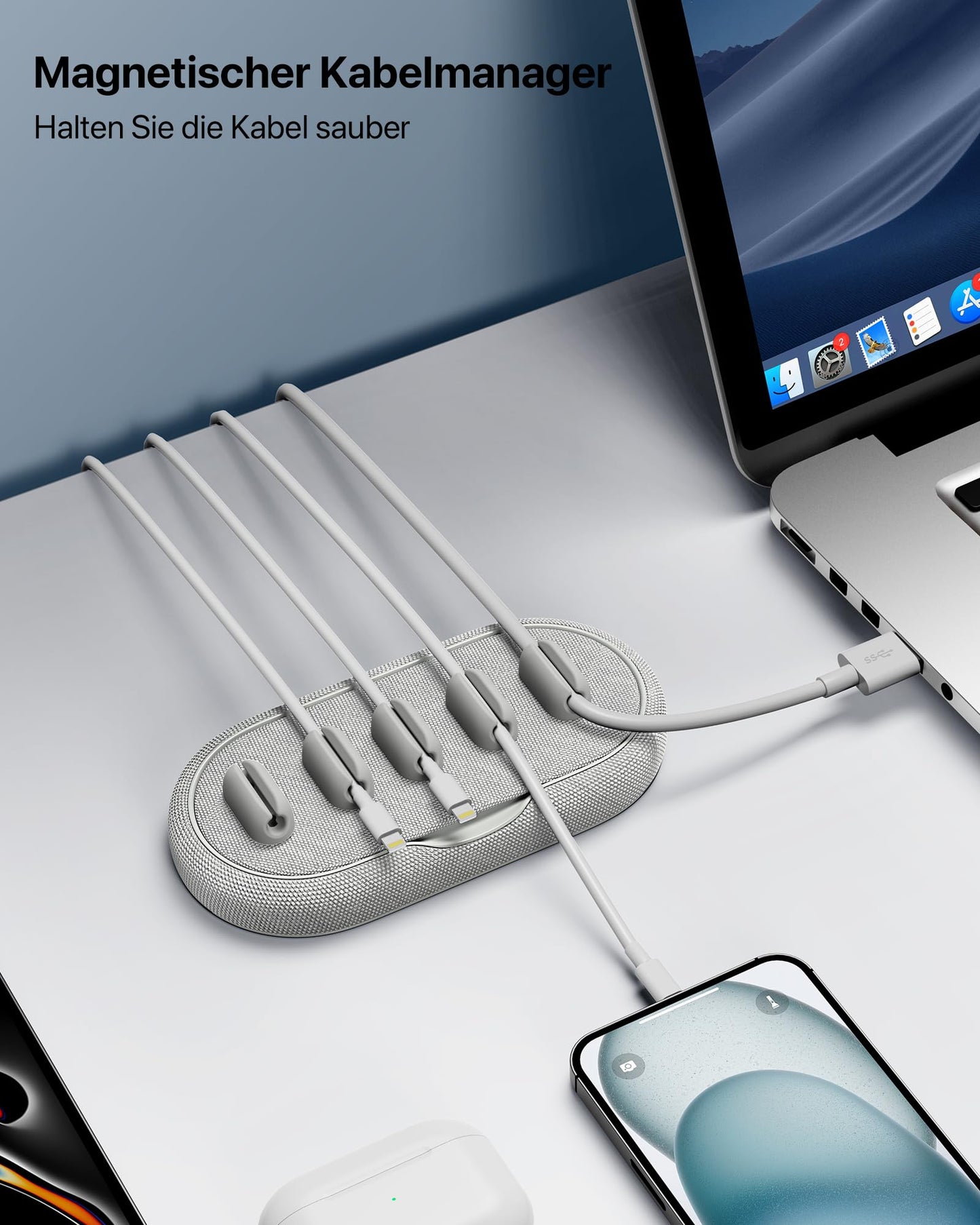 Cable Management, Magnetic Cord Organizer, Desk Cord Holder Wire Keeper with 6 Magnetic Cable Clips, Charger Cord Management for Home Office, Lightning/USB C/Micro Cable, White