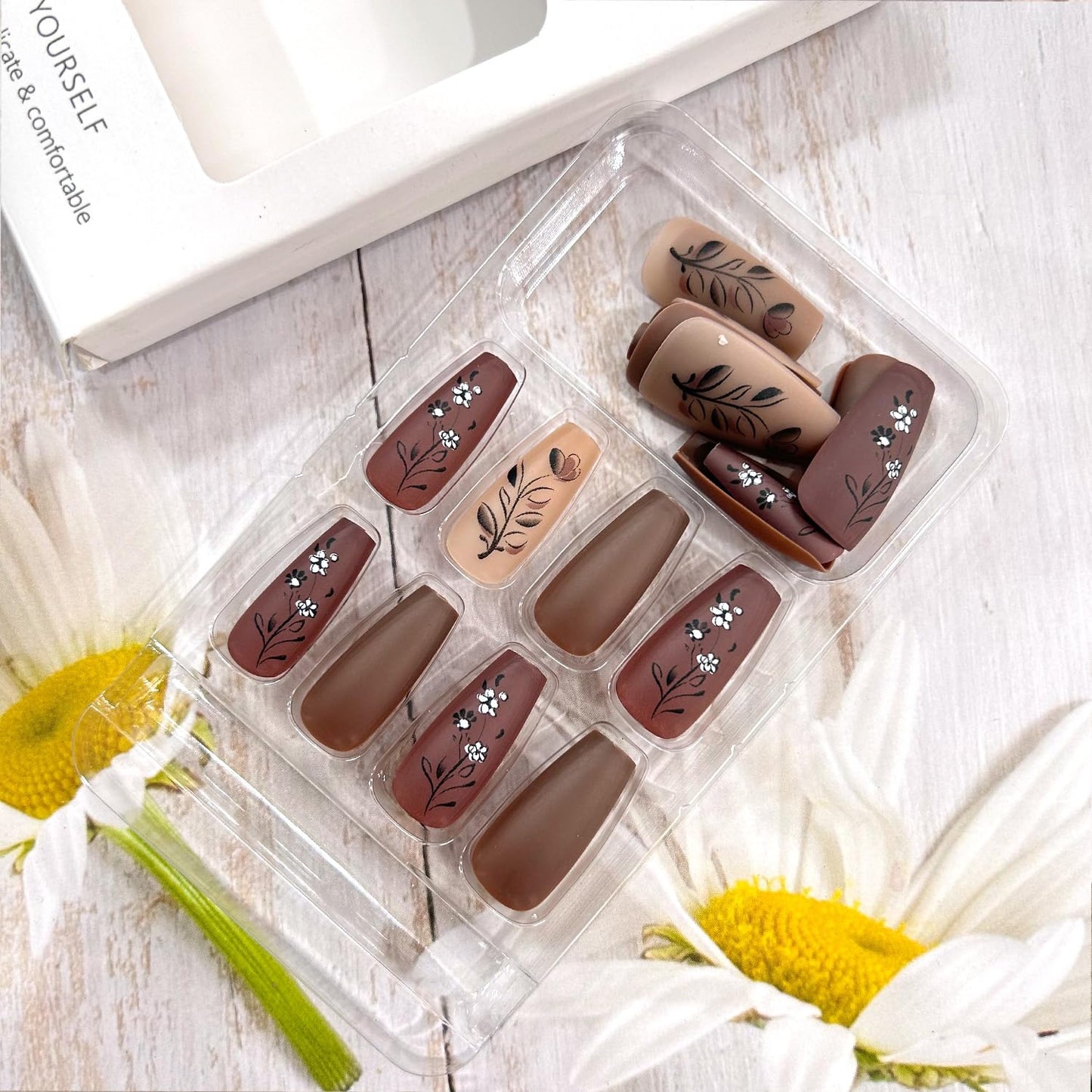 Brown Press on Nails Medium Matte Fake Nails Brown Flower Pattern Design Artificial Nails Solid Color Press Nails Full Cover Ballet Shaped Nails Acrylic Stick on Nails 24Pcs Glue on Nails for Women