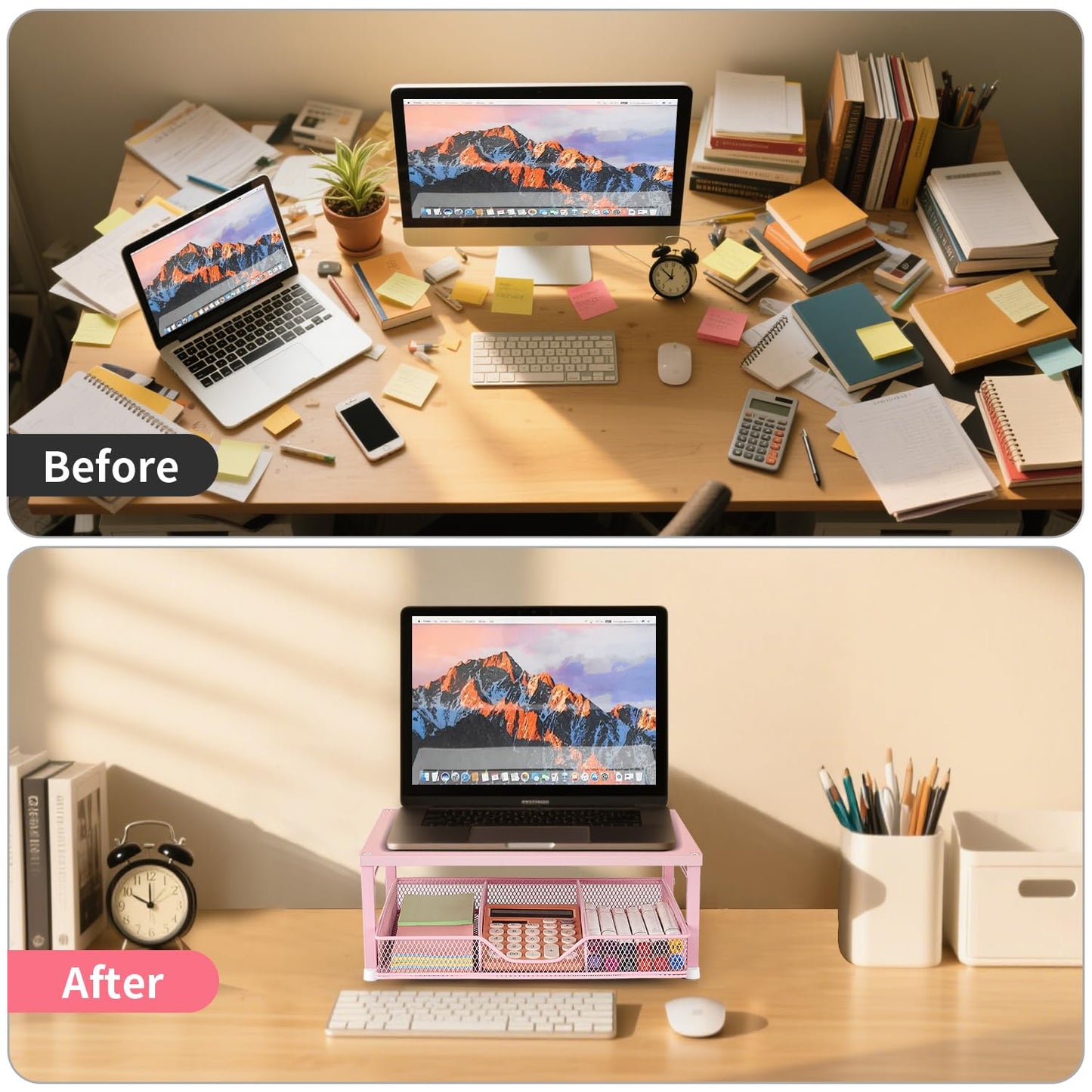 Gugsey Small Pink Laptop Stand for Desk, Monitor Stand, Office Desk Accessories, Computer Desktop Stand with Drawer for Home, Office, School (Pink)