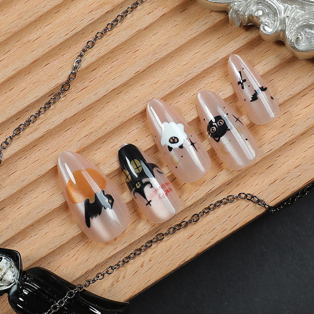 Halloween Press on Nails Medium Nude Fake Nails Spooky and Cute False Nails Press ons with Pumpkin,Ghost,Bat,Cat Designs-Reusable Artificial Nail Full Cover Stick on Nails for Women Manicure 24Pcs