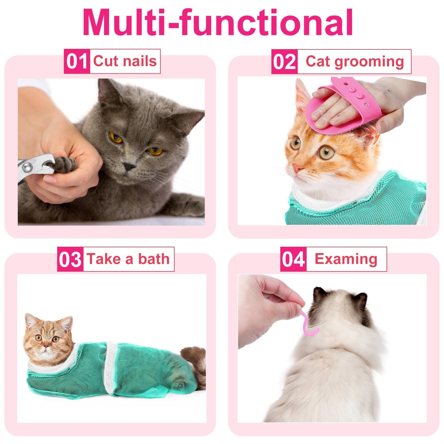 Kritkin 10 Pcs Cat Bathing Bag Set Pet Mesh Shower Bag Anti Bite and Scratch Pet Grooming for Washing Brush, Cat Muzzle, Nail Clipper, Nail File, Tick Tool(Blue and Pink)