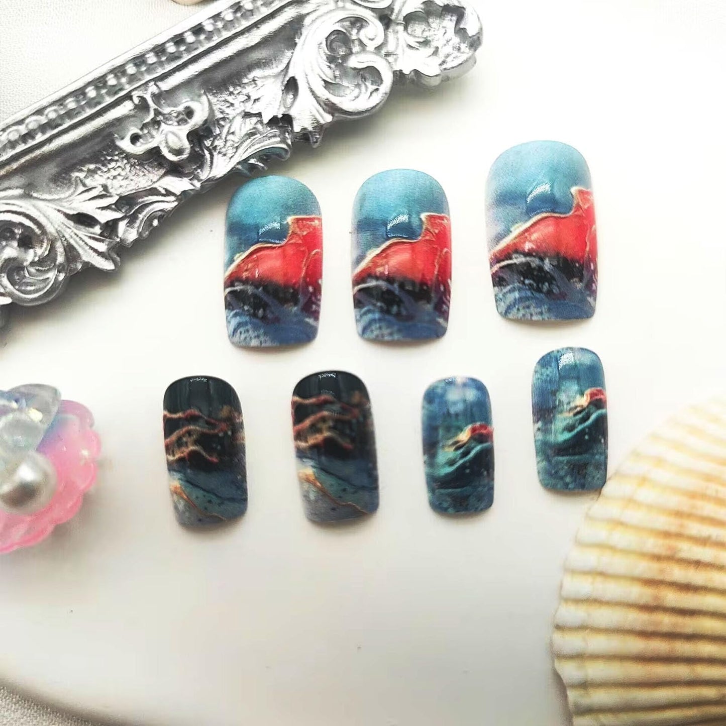 Square Press on Nails Medium Fake Nails with Lines Designs Glossy Nails Press ons Blue Gradient Black Glue on Nails Summer Acrylic Artificial Stick on Nails for Women 24Pcs