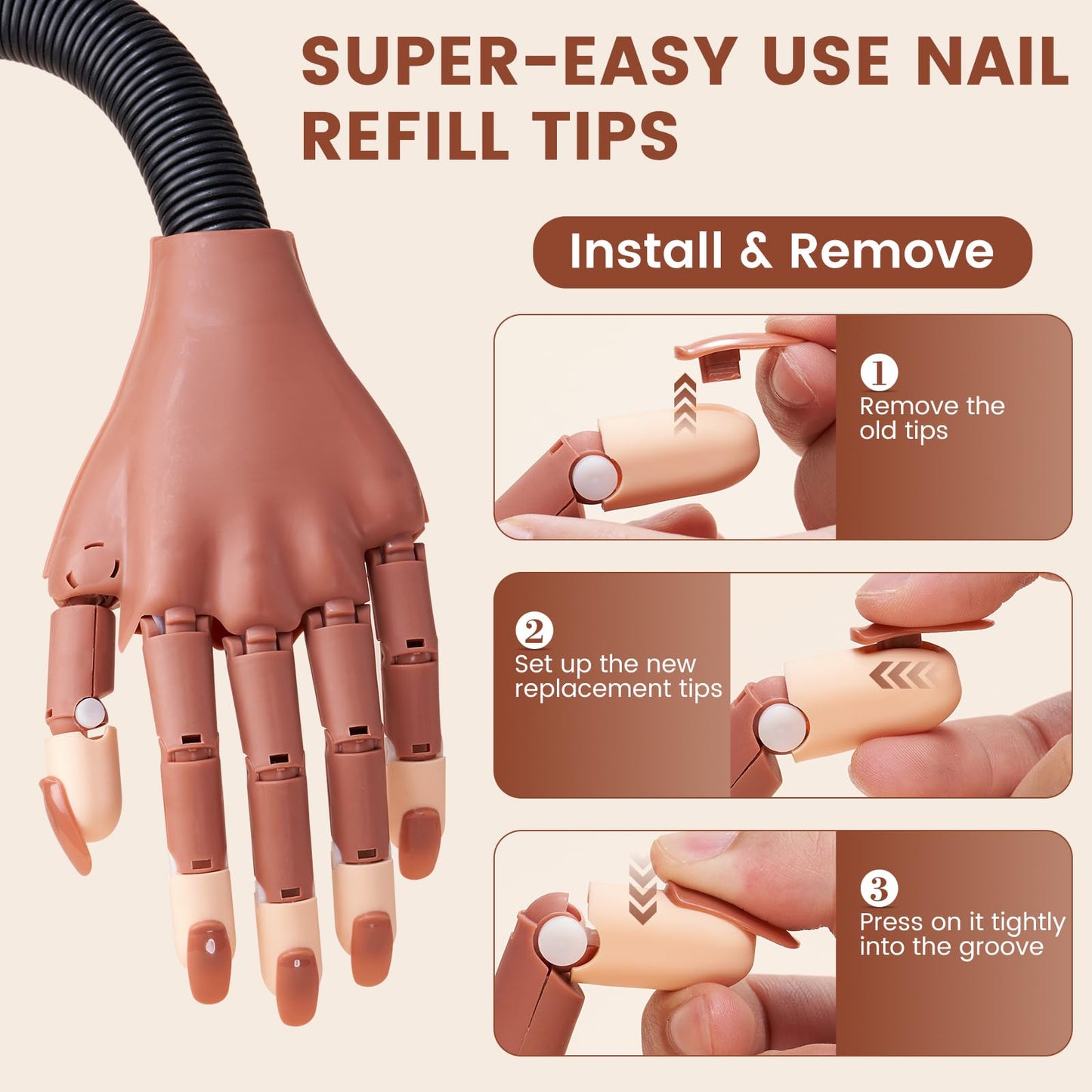 Fit for Wilfniee Magnetic Hand Only- 200PCS Replacement Nail Tips for Magnetic Practice Hand - Clear Brown Refill Acrylic Fake Nail Tips for Magnetic Nail Practice Hand