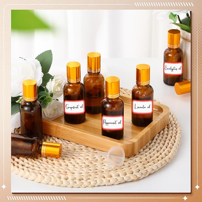 Sumind 12 Pcs 30ml Roller Glass Bottle Essential Oil with Stainless Steel Refillable Sample Container Brown Empty Roller Bottle Applicator with Funnel Sticker for Travel (Gold)