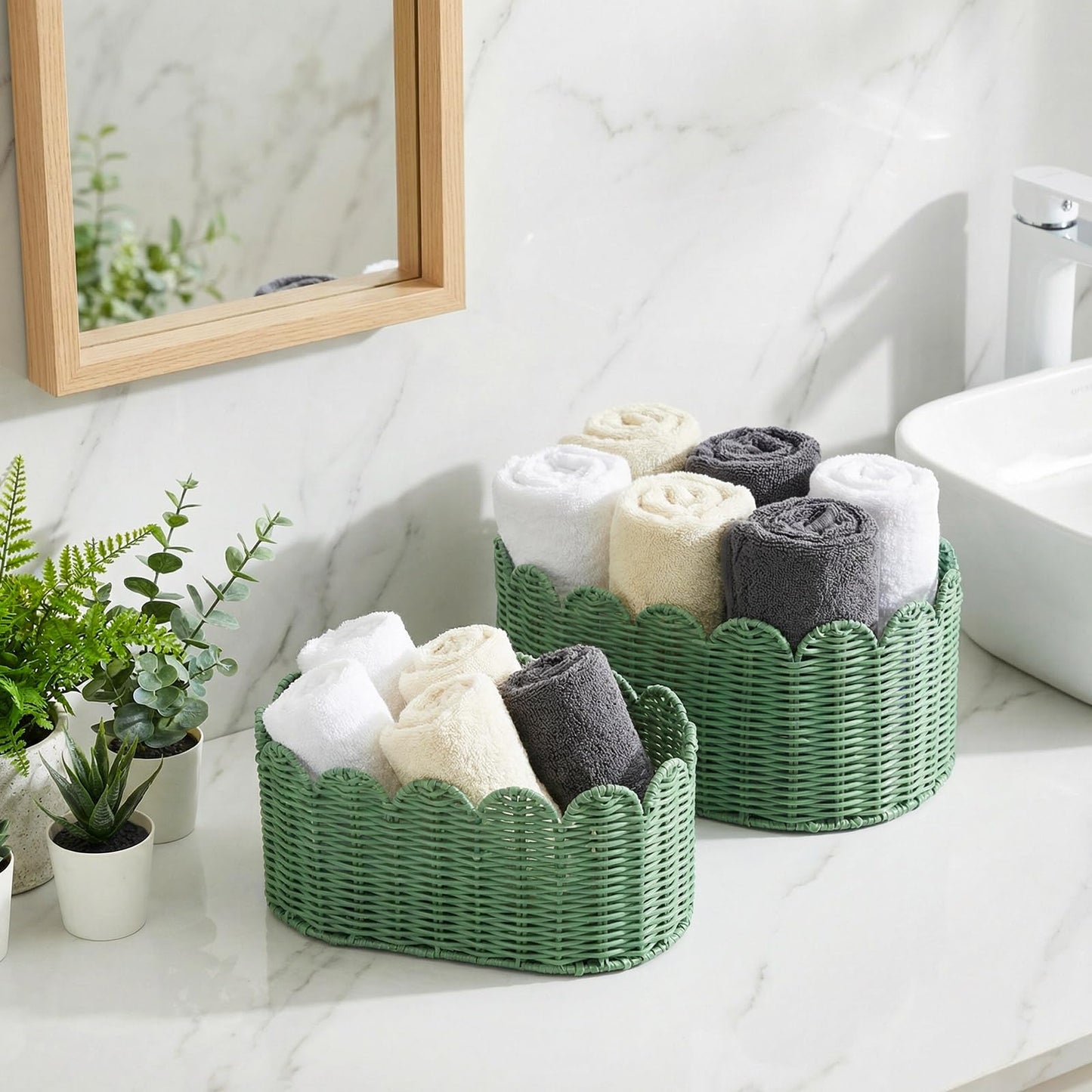 2 Pcs Large Scalloped Storage Baskets, Sage Green Woven Wicker Nursery Organizer Bins for Baby Gifts, Living Room Decor, Bathroom & Toy Storage, 16 x 10 x 7" & 14 x 8 x 6"