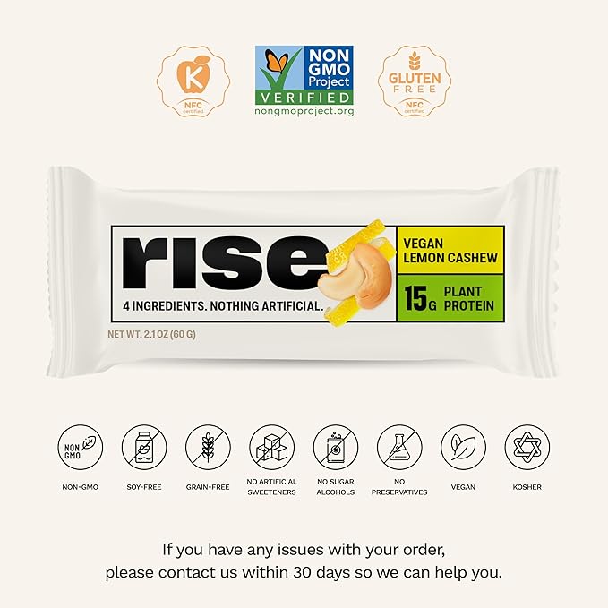 Rise Pea Protein Bar - Vegan Lemon Cashew | Breakfast Bar & Protein Snack 15g Protein Just 3 Whole Food Ingredients Non-GMO Gluten-Free Soy Free