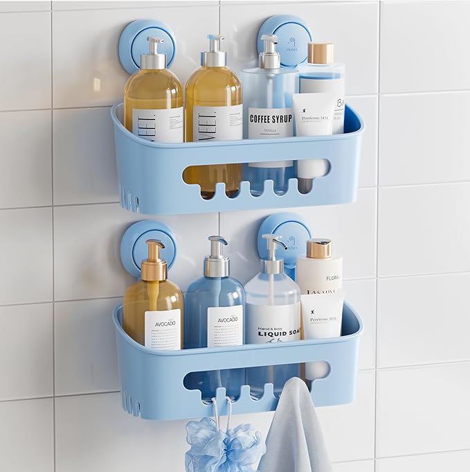 TAILI Shower Caddy Suction Cup 2 Pack, Heavy Duty Bathroom Organizer, Removable Shelves for Inside Shower, Shampoo, Waterproof Suction Plastic Storage for Bathroom Accessories Holder, Blue