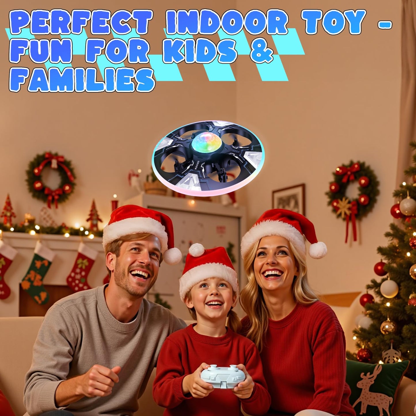 Mini UFO Drone for Kids – Safe RC Toy with 7 LED lighting modes, 360° Flips, Light Projection onto Ceilings, Auto Hover, Hand Gesture, 2 Batteries(14 Min Flight), Ideal Fun Gift for Kids